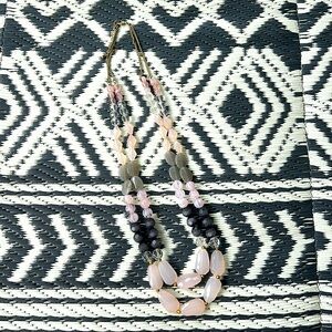 Long Vintage Beaded Stone Necklace Pink, Gray, Plum